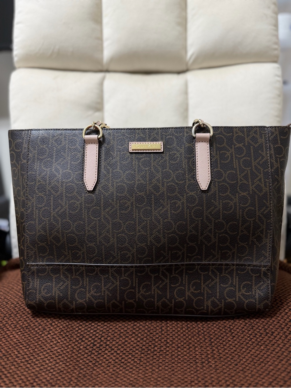Calvin Klein Brown Monogram Tote with Pale Pink Handles and Gold Accents